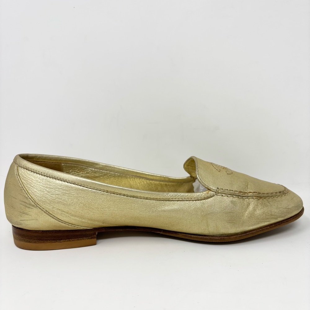 Chanel Vintage CC Golden Leather Loafers Gold Logo Flats EU 37 - Picture 10 of 16